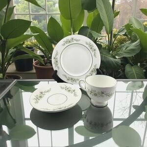 Wedgwood "Westbury" Bone China Trio Tea Set Silver Gilding Footed Cup